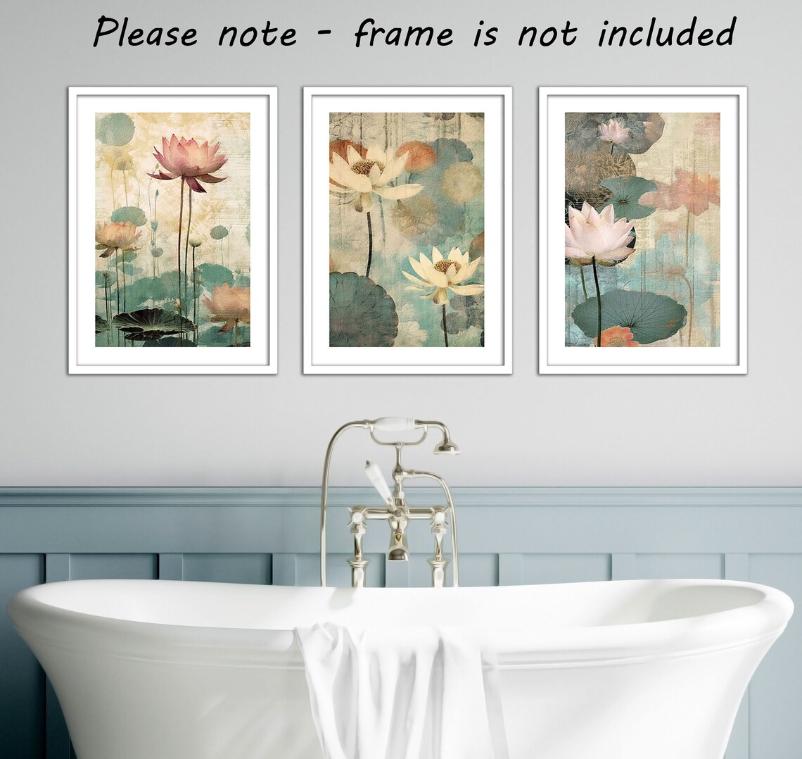 Zen Lotus Flowers Wall Art Set of 3 Unframed Poster Prints, Botanical ...
