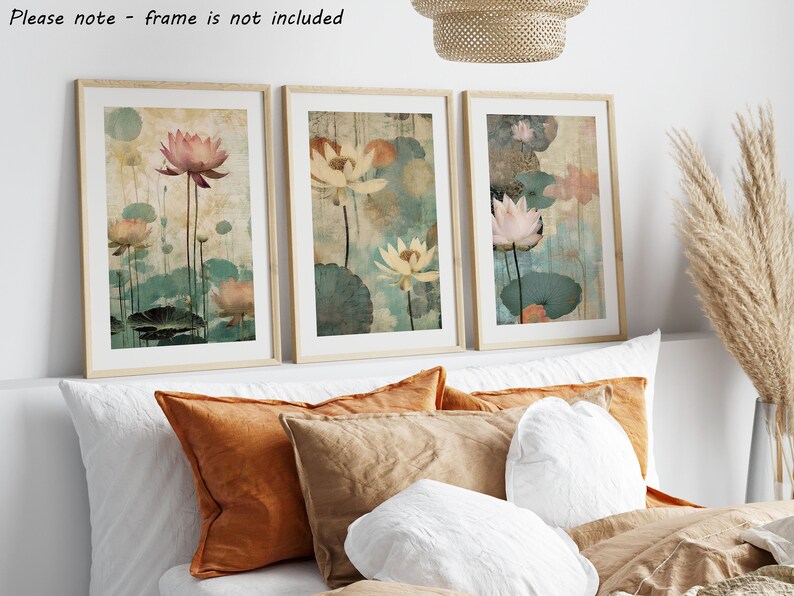 Zen Lotus Flowers Wall Art Set of 3 Unframed Poster Prints, Botanical ...