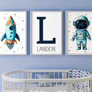 Eviepops Prints Personalised Space Wall Art, Custom Name Astronaut Poster, Set of 3 Unframed Prints with Spaceman, Rocket and Stars