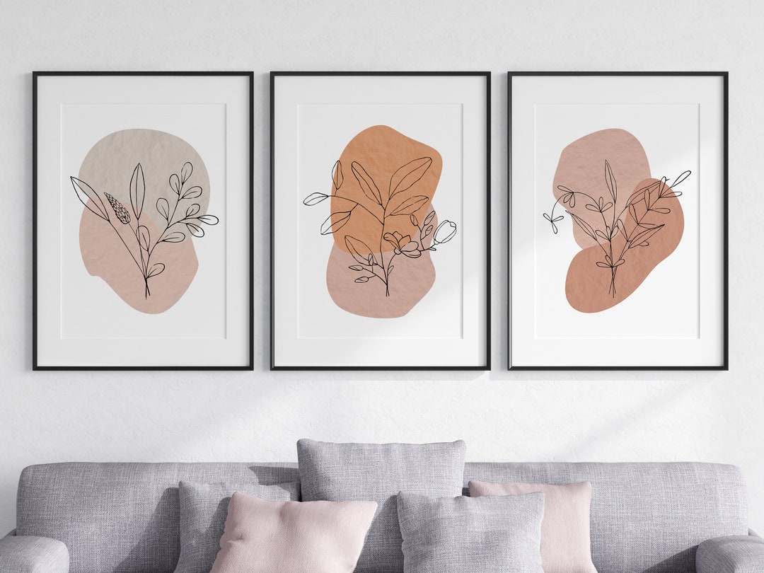 Botanical Boho Flowers Set of 3 Unframed Wall Print, Modern Abstract ...
