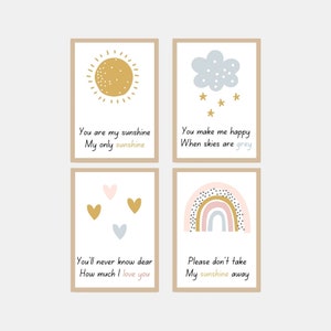 You are My Sunshine Set of 4 Unframed Prints, Girls Boys Nursery Bedroom Decor Wall Art, Playroom Poster, Nursery Rhyme, Boho Rainbow Sun image 1