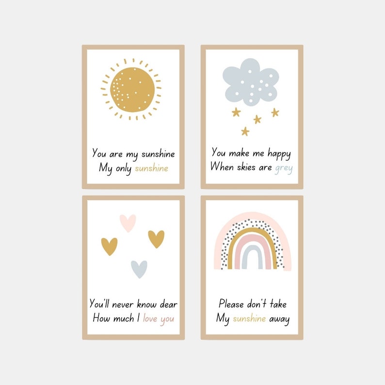 You are My Sunshine Set of 4 Unframed Prints, Girls Boys Nursery Bedroom Decor Wall Art, Playroom Poster, Nursery Rhyme, Boho Rainbow Sun image 1