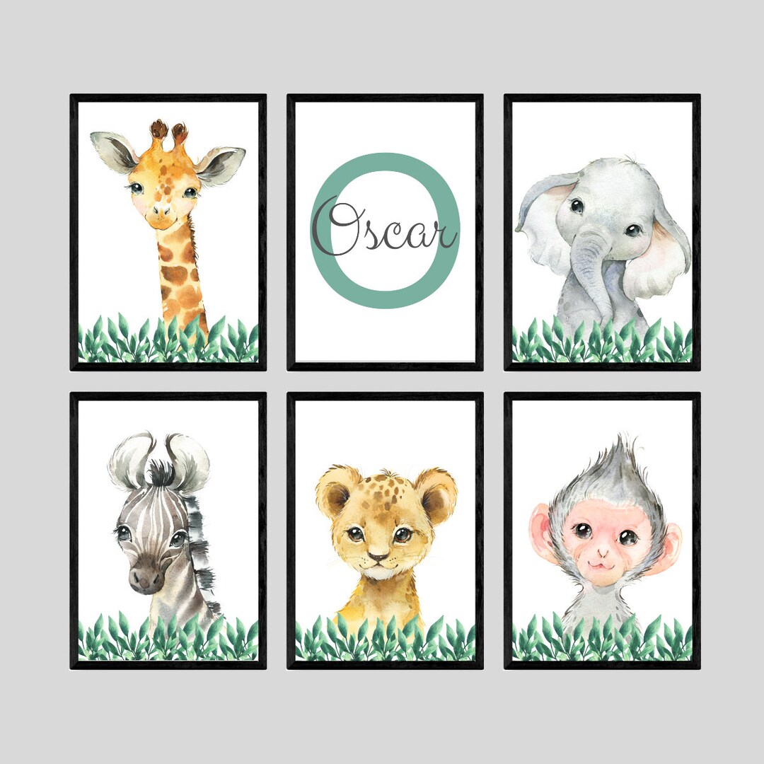 Safari Animals Baby Boy Nursery Set of 6 Unframed Personalised Name