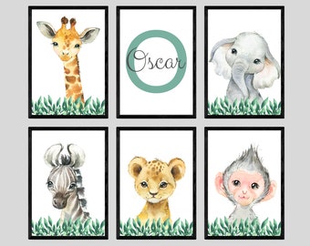 Safari Animals Baby Boy Nursery Set Of 6 Unframed Personalised Name Grass Prints Gift Present Elephant Lion Giraffe Zebra Monkey Watercolour