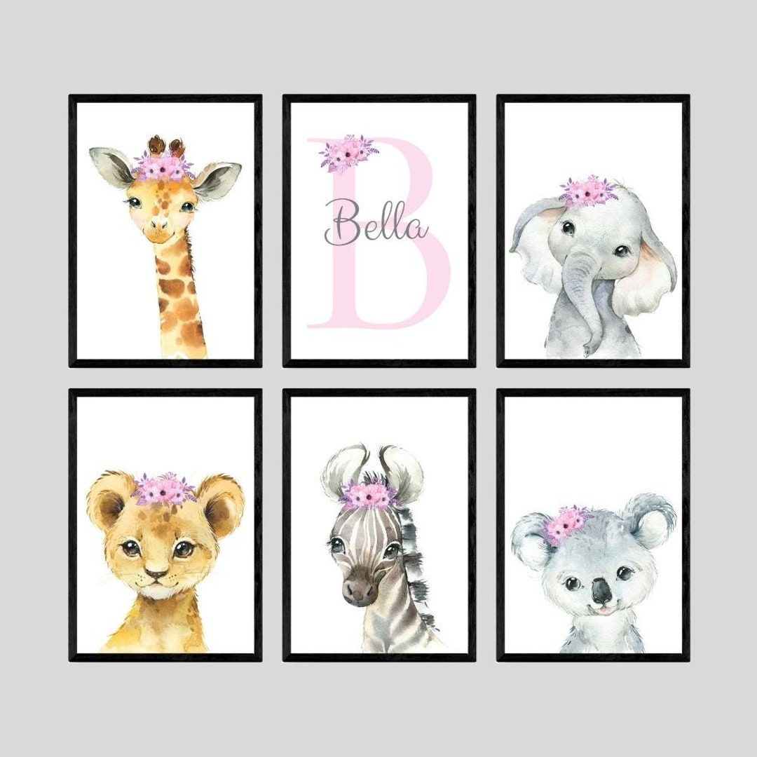 Safari Animals Baby Girls Nursery Set of 6 Unframed Personalised Name