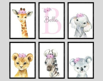 Safari Animals Baby Girls Nursery Set Of 6 Unframed Personalised Name Grey Pink Purple Flower Prints Gift Giraffe Elephant Koala Lion Zebra