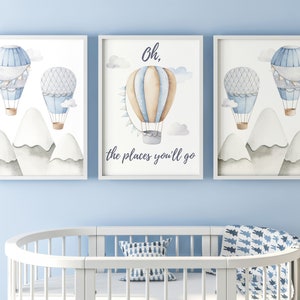 Hot Air Balloons & Mountains Set Of 3 Unframed Poster Prints for Baby Boy Girl Nursery Bedroom Playroom, Oh The Places You Will Go