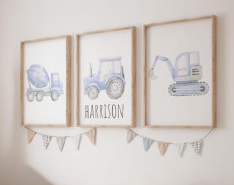 Construction Tractor Digger Truck Vehicles Set Of 3 Unframed Boys Nursery Bedroom Poster Prints Personalised Name Blue Green Red Yellow