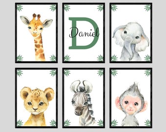 Safari Animals Baby Boys Girls Nursery Set Of 6 Unframed Personalised Name Grass Print Gift Present Elephant Lion Watercolour Baby Shower