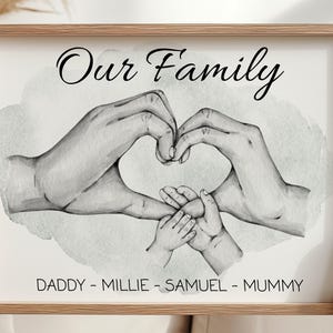 Personalised Family Hands Unframed Portrait Poster Print, New baby gift, Family Home Wall Art, Family Present, Choice of 5 Colour Splashes