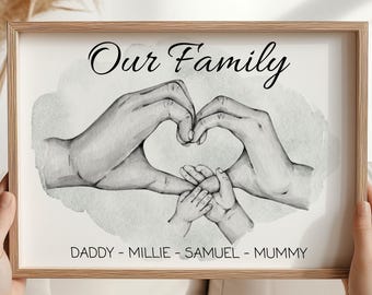 Personalised Family Hands Unframed Portrait Poster Print, New baby gift, Family Home Wall Art, Family Present, Choice of 5 Colour Splashes
