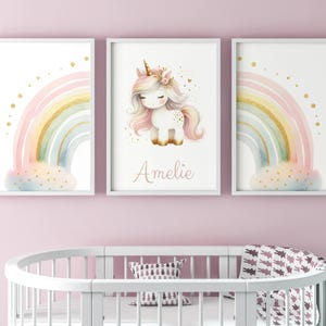 Eviepops Prints Personalised Rainbow Unicorn Set of 3 Unframed Poster Prints, Personalise Name, Girls Unicorn And Rainbow Theme Room Decor
