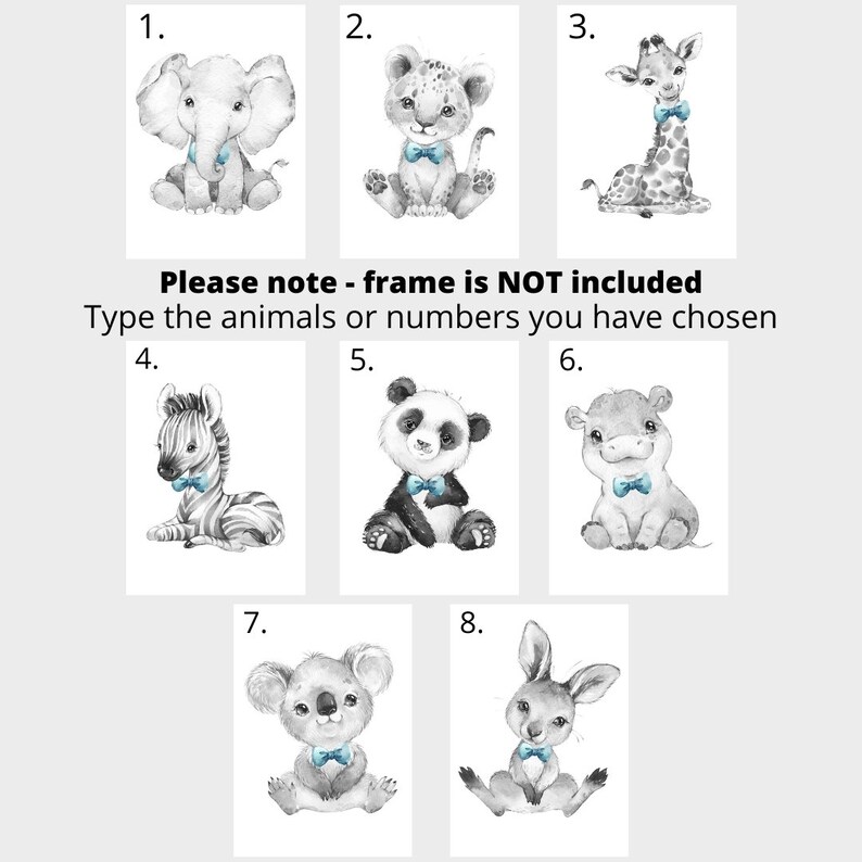 CHOOSE YOUR OWN Safari Animals Boys Nursery Unframed Poster Prints Grey Blue Yellow Green Bow Tie Giraffe Elephant Lion Zebra Panda Koala image 6