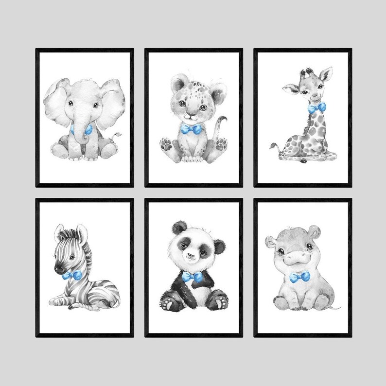 CHOOSE YOUR OWN Safari Animals Boys Nursery Unframed Poster Prints Grey Blue Yellow Green Bow Tie Giraffe Elephant Lion Zebra Panda Koala image 1