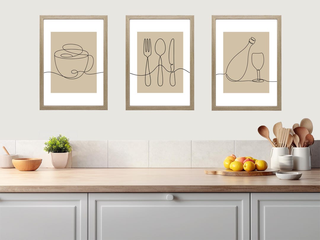 abstract kitchen art prints: modern line drawing set... Abstract Kitchen Art Prints: Coffee, Cutlery, Wine - Beige & Grey (set ...