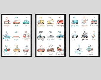 Transport Alphabet Set Of 3 Unframed Boys Girls Nursery Bedroom Poster Prints, Transport Decor Vehicles Cars