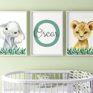 Safari Animals Baby Boys Nursery Set Of 3 Unframed Personalised Name Grass Prints Gift Present Elephant Lion Watercolour Baby Shower Jungle