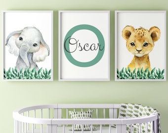 Safari Animals Baby Boys Nursery Set Of 3 Unframed Personalised Name Grass Prints Gift Present Elephant Lion Watercolour Baby Shower Jungle