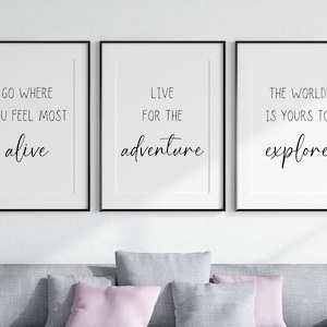 Travel Adventure Explore Quote, Set of 3 Unframed Wall Print, Home Decor, Inspiring Quotes, Black and White Wall Art, Living Room Decor