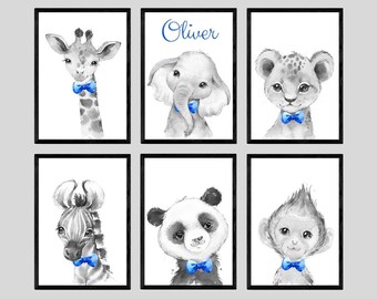 Safari Animals Baby Boy Nursery Prints Set Of 6 Unframed Personalised Name Grey Blue Green Bow Tie Gift Giraffe Elephant Monkey Lion Mustard