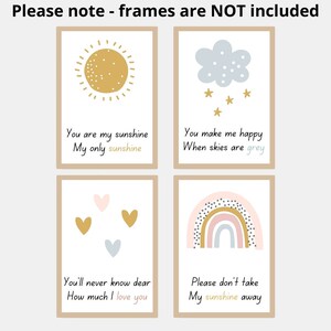 You are My Sunshine Set of 4 Unframed Prints, Girls Boys Nursery Bedroom Decor Wall Art, Playroom Poster, Nursery Rhyme, Boho Rainbow Sun image 2