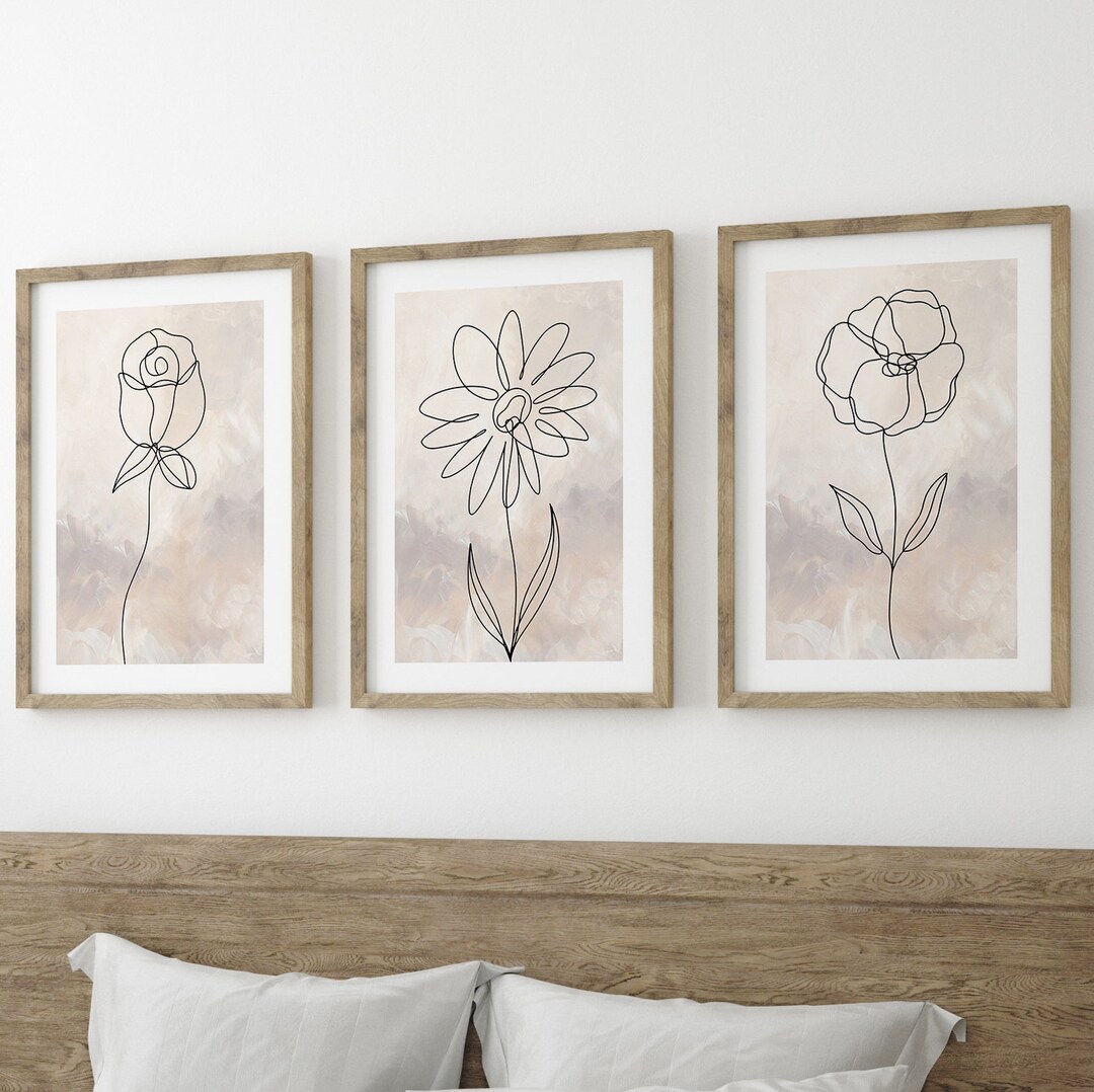 Neutral Flower Botanical Line Art Set of 3 Unframed Prints, Minimalist ...