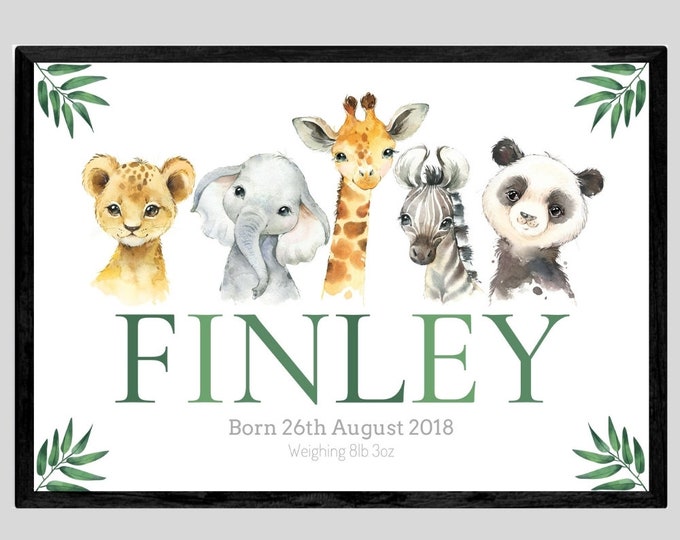 Safari Animals Personalised Baby Boy or Girl Nursery Unframed Poster Print, Birth and Weight Details, Green Jungle Leaves, New Baby Gift