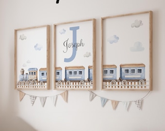 Choo Choo Train Set Of 3 Unframed Personalised Name Poster Print, Toddler Nursery Bedroom in Watercolour Grey Blue Green Brown, Gift Present