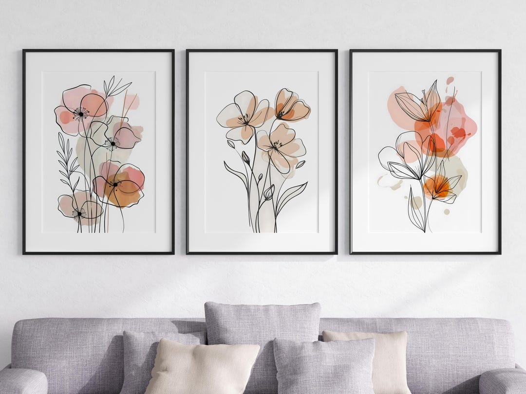 Eviepops Prints Set of 3 Unframed Abstract Flower Line Art Prints ...