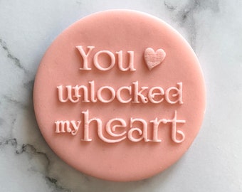 Valentine’s Day Debosser Stamp. You Unlocked my Heart Cookie Stamp. Fondant Icing Cupcake Decorating