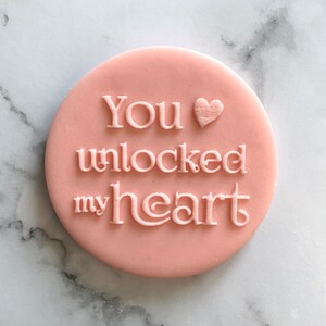 Valentine’s Day Debosser Stamp. You Unlocked my Heart Cookie Stamp. Fondant Icing Cupcake Decorating