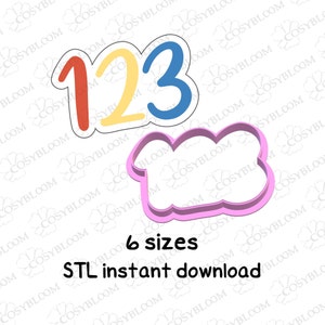 May include: A set of three cookie cutters in the shape of the numbers 1, 2, and 3. The numbers are in different colors: red, yellow, and blue. The cookie cutters are designed to be used for making cookies or other baked goods. The image also includes a pink cookie cutter in the shape of a cloud. The text "6 sizes STL instant download" is also included in the image.