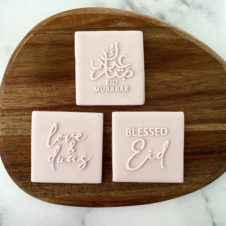 Set of 3mini embosser stamps for Eid / Ramadan biscuits and cupcakes with Eid mubarak arabic calligraphy, love and duas in a fancy font, blessed Eid combination of fancy font and sans serif font