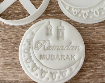 Ramadan Mubarak Cookie Cutter+Stamp, Ramadan Mubarak with Crescent Moon Cookie Cutter and Embosser, Eid Cookie Cutter  Ramadan Cookie Stamp