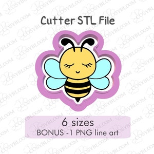 May include: A digital file for a bee-shaped cookie cutter. The design features a cartoon bee with closed eyes, light blue wings, and black and yellow stripes. The file includes 6 sizes and a bonus PNG line art.