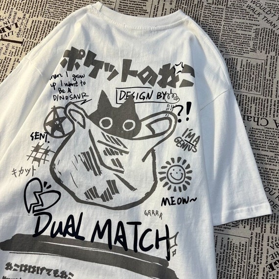 2023 Cartoon T-Shirts Summer Harajuku Kawaii Cat Printed Short Sleeve Tees Female Couple Streetwear Loose Clothes  Tops,Hawaiian shirt