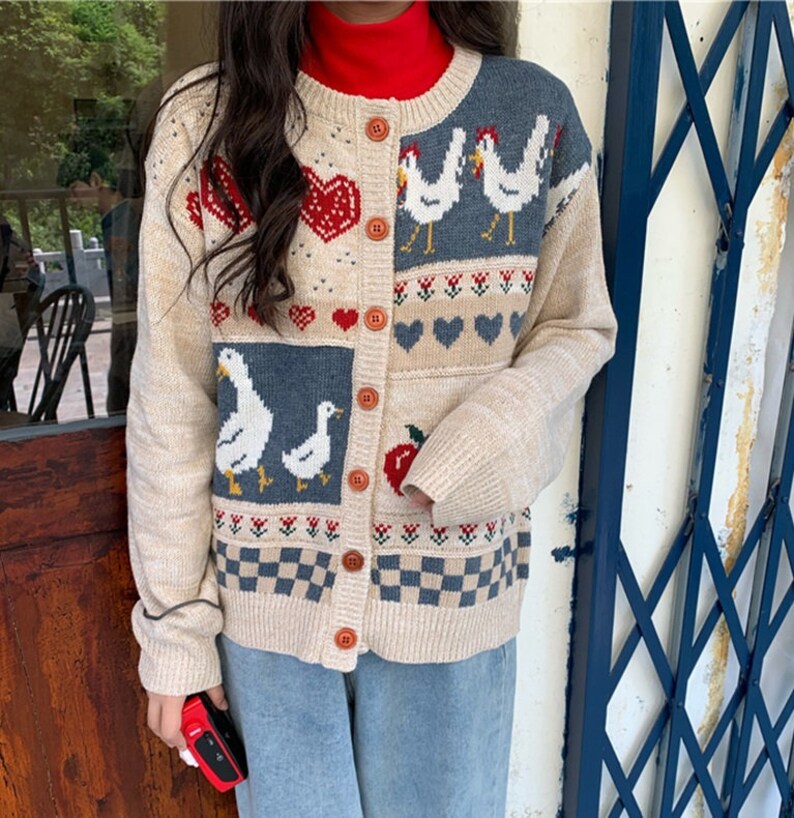 Women/'s Korean Style Autumn Winter Chicken O Neck Knitted Cardigan Female Jacket Sweater Coat Casual Farmer Knit Jacket Sweater For her