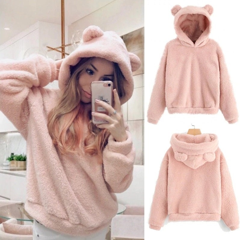 Teddy Bear Hoodie with Ears Womens Teen Long Sleeve Fleece Sweatshirt Warm Furry Fuzzy Hoodies Sweater Pullover