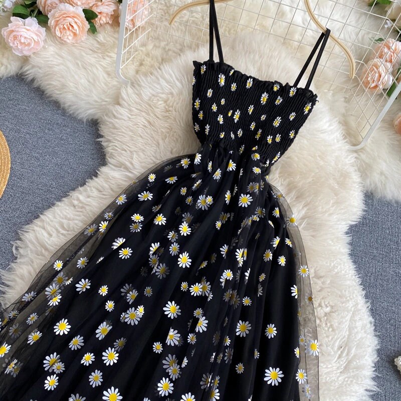 Daisy Flower Print Mesh Dress Korean Fashion Two Layers | Etsy