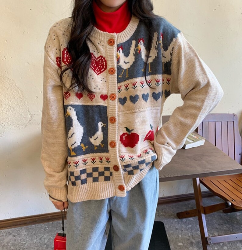 Women/'s Korean Style Autumn Winter Chicken O Neck Knitted Cardigan Female Jacket Sweater Coat Casual Farmer Knit Jacket Sweater For her