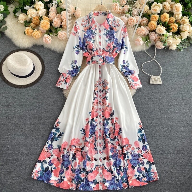 Women Retro Flower Print Maxi Dress Turn-down Collar Puff - Etsy