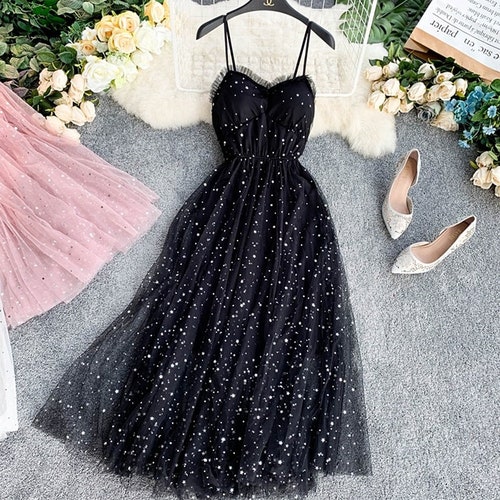 Stars Print Mesh Dress Korean Fashion Two Layers Spaghetti - Etsy