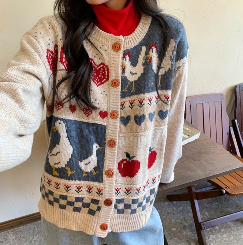 Women/'s Korean Style Autumn Winter Chicken O Neck Knitted Cardigan Female Jacket Sweater Coat Casual Farmer Knit Jacket Sweater For her