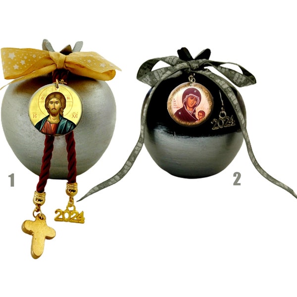 Personalized ceramic pomegranate Greek Orthodox icon Handpainted religious home decor Christmas & New Year's gift Virgin Mary and Child