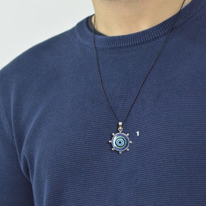 Evil eye enamel charm Silver plated Greek evil eye protection and Good luck pendant Greek key chοker Mens evil eye necklace Greek flag charm