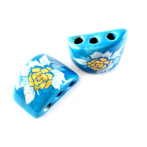 4 pcs Greek enamel decal connector with three holes 26x18x11mm glazed ceramic three strand spacer Ceramic enamel connector with flowerprint