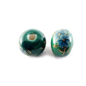 6 pcs Greek enamelled round bead with decal 16x13mm round glazed ceramic bead Ceramic enamel round bead with flowerprint Diy jewerly supply