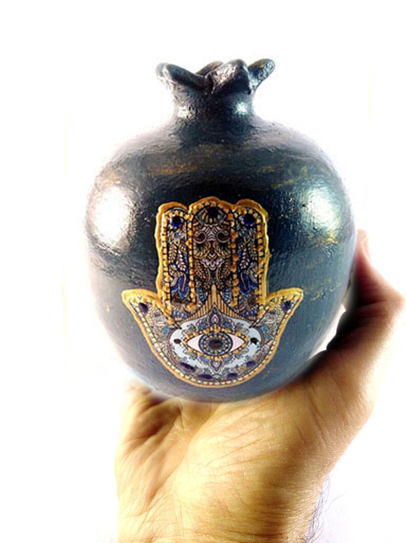 Pomegranate with Hamsa Table ornament with evil eye Greek evil eye amulet for home Unique decoration gift Ceramic art Hamsa talisman