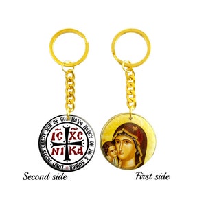 Personalisierter hölzerner religiöser Schlüsselbund Zweiseitiger Schlüsselring Griechisch kybernetischer handgemachter Schlüsselring Blessed Mary Ikone Schutzgeschenk byzantinische Kunst