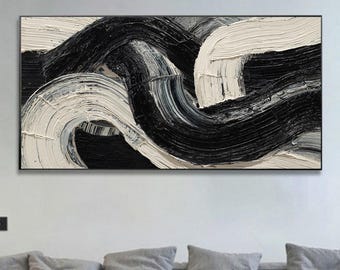 Peinture à l'huile noir et blanc à l'empâtement épais, tourbillons texturés, art mural, toile minimaliste moderne, décoration abstraite et neutre pour le salon